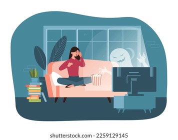 Scary films watch. Young girl with popcorn sits on couch and looks at TV screen with ghost. Evening rest after work or study. Horror movie at home or apartment. Cartoon flat vector illustration svg