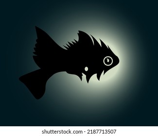 Scary Fish isolated on gradient dark green background - vector illustration