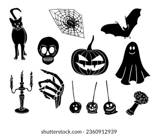 Scary flat silhouette Halloween items for party decoration. Creepy doodle black objects on white background. Minimalistic holiday design for stickers, decoration, printout, social media graphics