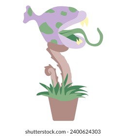 Scary flat sticker of monster plant in Flower pot. Vector Fantasy Botany illustration, Character with Teeth and Tongue. Hand drawn Cartoon Fantastic Design art for Poster, Book, Card, Banner.