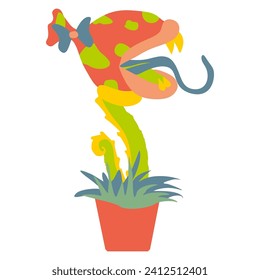 Scary flat sticker of monster plant in Flower pot. Vector Fantasy Botany illustration, Character with Teeth and Tongue. Hand drawn Cartoon Fantastic Design art for Poster, Book, Card, Banner.