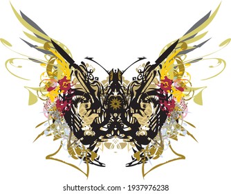Scary floral and golden butterfly wings splashes. Abstract mystical demonic butterfly with an unusual pattern for creative ideas, tattoos, posters, prints on T-shirts, textiles, wallpaper, cards, etc.