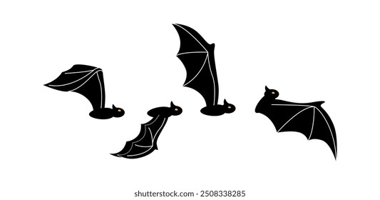 Terribles vistas de perfil de murciélagos voladores. Vector aislado conjunto de personajes de Halloween para tarjetas decorativas o Anuncios. Símbolo de oscuridad y misterio. Criatura mística con alas largas y colmillos