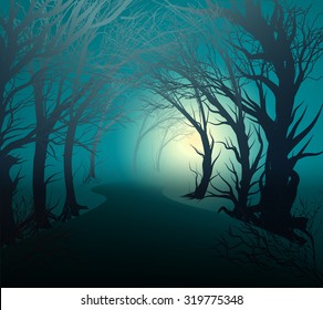 Scary Forest With Light, Park Lane At Night With Mystery Yellow Light, Halloween Mystery, Vector