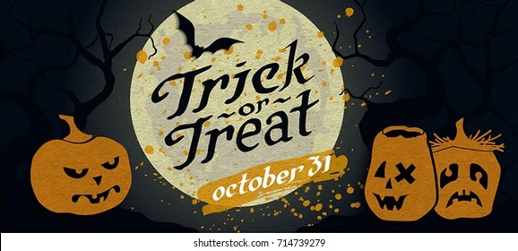 Scary Forest with Pumpkins (Jack-o'-lantern). Trick or Treat. Halloween Postcard. Party Poster. Background. Vector illustration with hand drawn type calligraphy design. Craft textured.