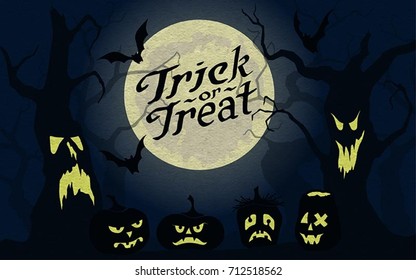 Scary Forest with Pumpkins (jacks). Trick or Treat. Halloween Party Postcard. Poster. Background. Vector illustration with hand drawn type calligraphy design.