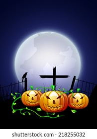Gruselndes Vollmond-Lichtnachts-Poster. Banner- oder Flyer-Design mit gruseligen Kürbissen auf blauem Hintergrund für Halloween-Feierabend. 