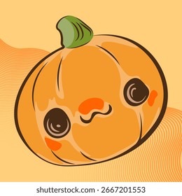 Un dibujo aterrador y divertido de una calabaza con una cara para Halloween. Una calabaza para Halloween sobre un fondo naranja claro. Una Ilustración vectorial de vacaciones de otoño.