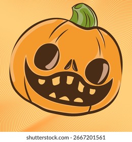 Un dibujo aterrador y divertido de una calabaza con una cara para Halloween. Una calabaza para Halloween sobre un fondo naranja claro. Una Ilustración vectorial de vacaciones de otoño.
