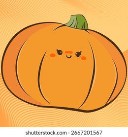 A scary and funny drawing of a pumpkin with a face for Halloween. A pumpkin for Halloween on a light orange background. A vector illustration of an autumn holiday.