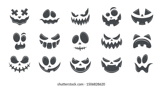 Страшные и забавные лица тыквы или призрака Хэллоуина. Векторная коллекция.