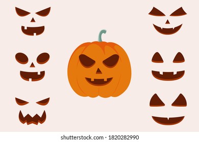 Scary and funny faces of Halloween pumpkin or ghost. Vector collection.