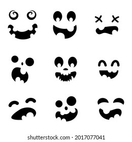 Scary and funny faces for Halloween pumpkin or ghost set. Jack-o-lantern facial expressions. Simple collection spooky horror of pumpkins faces. Isolated vector stock illustration.