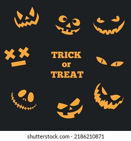 Scary and funny faces of Halloween pumpkin or ghost . Vector collection. Emotions of pumpkins on a black background. Spooky and fun happy halloween event mockup design. 