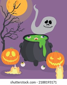 Scary and funny faces of Halloween pumpkin or ghost. vector collection. Cauldron with potion. Creepy and fun happy halloween layout design.