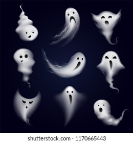 Scary and funny ghost emotions icons collection formed by realistic steamy vapor spooks dark background vector illustration 