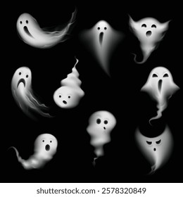 Scary and funny ghost emotions icons collection formed by realistic steamy vapor spooks dark