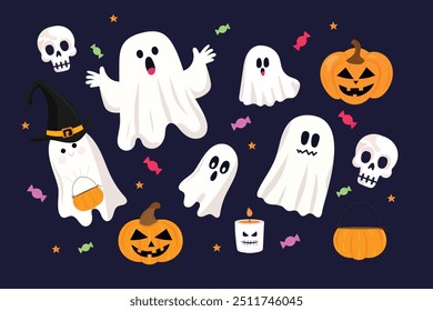 Gruseliges und lustiges Geister-Halloween auf violettem Hintergrund. Süße Geister und Kürbisse, Bonbons, Schädel - traditionelle Symbole der festlichen Halloween-Nacht. Für Halloween-Dekor, Drucke, Cartoon-Figuren.