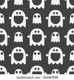 Scary funny ghost spirit seamless pattern background in black and white. Halloween holiday wallpaper. Simple cute child and baby style.