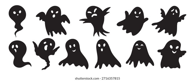 Silueta de fantasmas divertidos de miedo con caras fijas. Elementos decorativos de Halloween fantasma. Siluetas de Halloween negro personaje fantasma. Ilustración vectorial