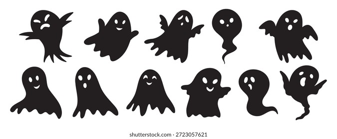 Silueta de fantasmas divertidos de miedo con caras fijas. Elementos decorativos de Halloween fantasma. Siluetas de Halloween negro personaje fantasma. Ilustración vectorial