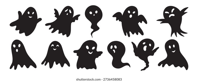 scary funny ghosts silhouette with faces set. Ghost Halloween decorative elements. Halloween silhouettes black ghost character. Vector illustration