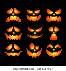 Scary and funny glowing faces. Faces for Halloween pumpkins and ghosts. Monster silhouette.