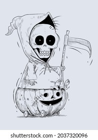 Scary and funny Halloween character icon,engraving,line,sketch on black and white vector illustration.