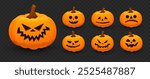 Scary and Funny Halloween Pumpkin Faces. Halloween Pumpkins isolated on Dark Transparent Background. Autumn Holiday Vector Illustration.