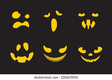 Scary and funny Halloween pumpkin faces and grimaces. Ghost silhouette. Vector illustration isolated.