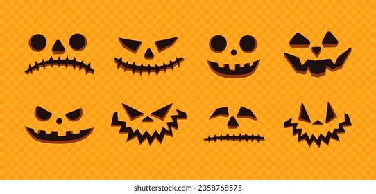 Scary and Funny Halloween Pumpkin Faces. Halloween Pumpkins isolated on Transparent Background. Autumn Holiday Vector Illustration.