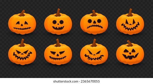 Scary and Funny Halloween Pumpkin Faces. Halloween Pumpkins isolated on Dark Transparent Background. Autumn Holiday Vector Illustration.