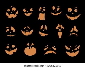 Scary and funny Halloween pumpkin or ghost faces set on black background. Collection carved faces silhouettes. Halloween Masks. Smiling faces. Pumpkin smile. Vector illustration