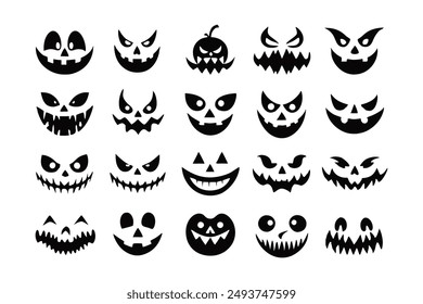 Scary and Funny Halloween Pumpkin and Ghost Faces Vector illustration.