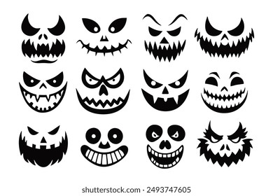 Gruselige und lustige Halloween Kürbis und Geist Gesichter Vektorillustration.