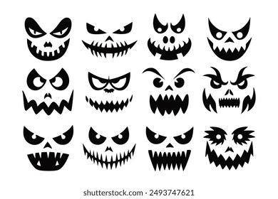 Scary and Funny Halloween Pumpkin and Ghost Faces Vector illustration.