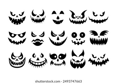 Scary and Funny Halloween Pumpkin and Ghost Faces Vector illustration.