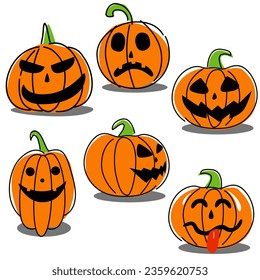 Scary and Funny Halloween pumpkin set. Flat style spooky creepy pumpkins. Vector illustration
