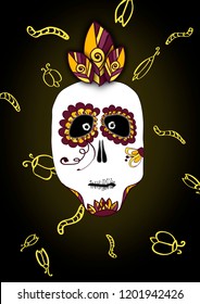 Scary and funny illustration of skull for Halloween and Dia de muerte on black background