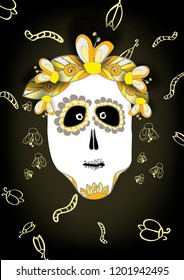 Scary and funny illustration of skull for Halloween and Dia de muerte on black background