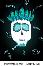 Scary and funny illustration of skull for Halloween and Dia de muerte on black background