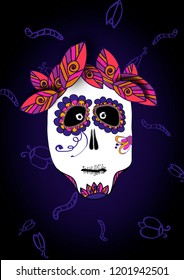 Scary and funny illustration of skull for Halloween and Dia de muerte on black background