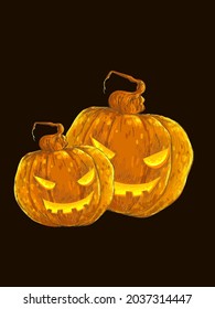 Scary and funny pumpkin Halloween character,hand drawn,line,sketch,engraving,vector illustration.