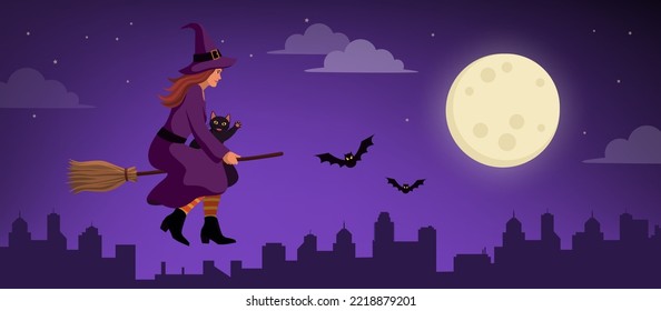 Scary funny witch and black cat riding a broom and flying in the sky, Halloween concept