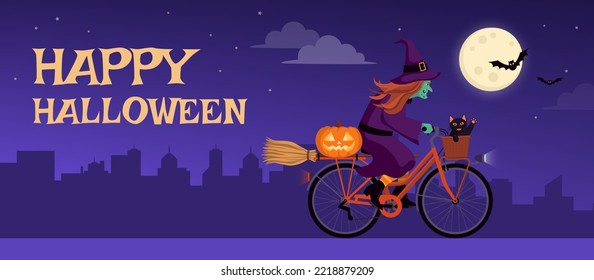 Scary funny witch riding a bicycle at night and Happy Halloween wishes