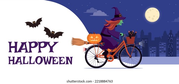 Scary funny witch riding a bicycle at night and Happy Halloween wishes