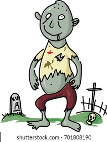 Scary and funny zombie on cemetery. Vector illustration in cartoon style.