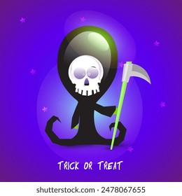 Scary ghost with an axe on shiny purple background for Happy Halloween, Trick or Treat Party.