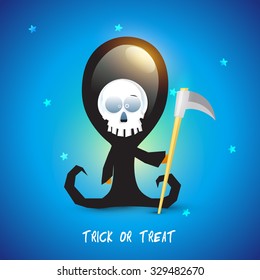 Fantasma asustado con un hacha sobre brillantes antecedentes azules para la celebración de Halloween Feliz, Fiesta de Trick o Treat.