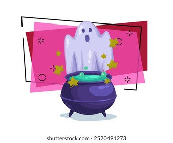 Scary ghost brewing potion in cauldron vector illustration on abstract background. Halloween banner design. Celebration, magic, holiday concept. Can be used for poster or invitation